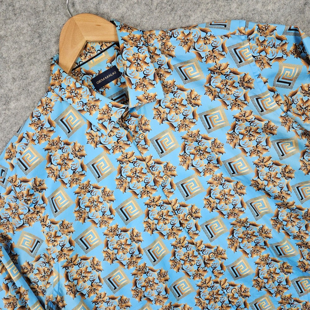 Gem Malki Men's Blue Button Up Shirt Size XL Cotton Baroque‎ Greek Print Turkey